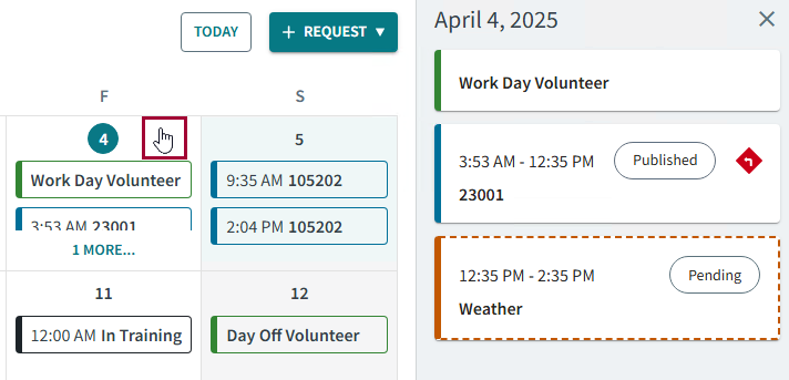 A hand indicating a date selection and day view events are circled in red.