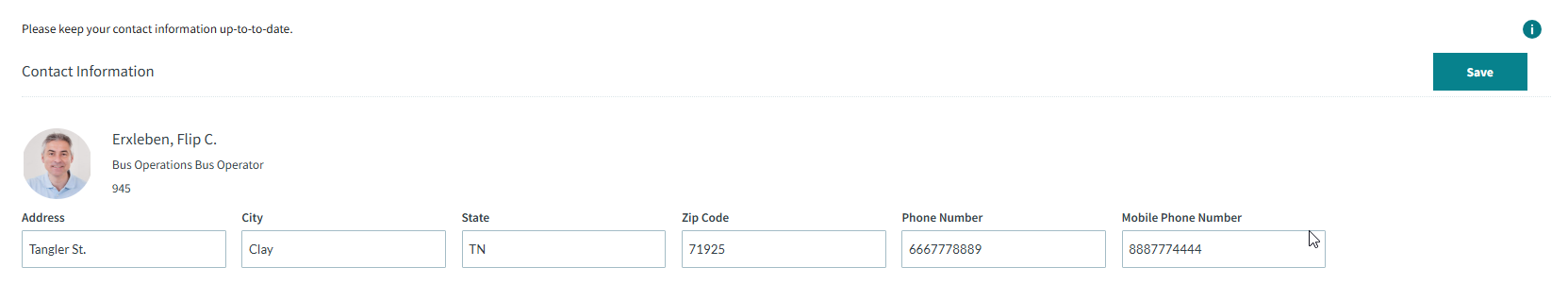 The Contact Information section showing Save to the right of the section title.