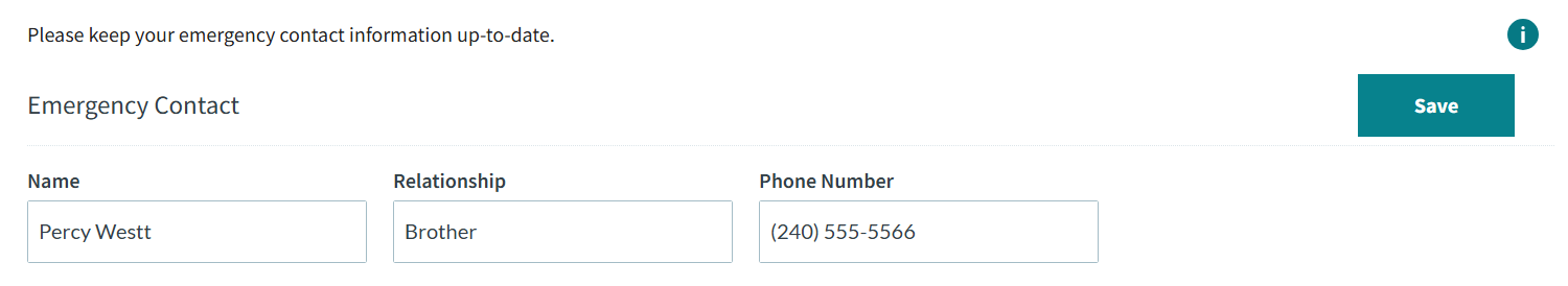 The Emergency Contact section showing Save to the right of the section title.
