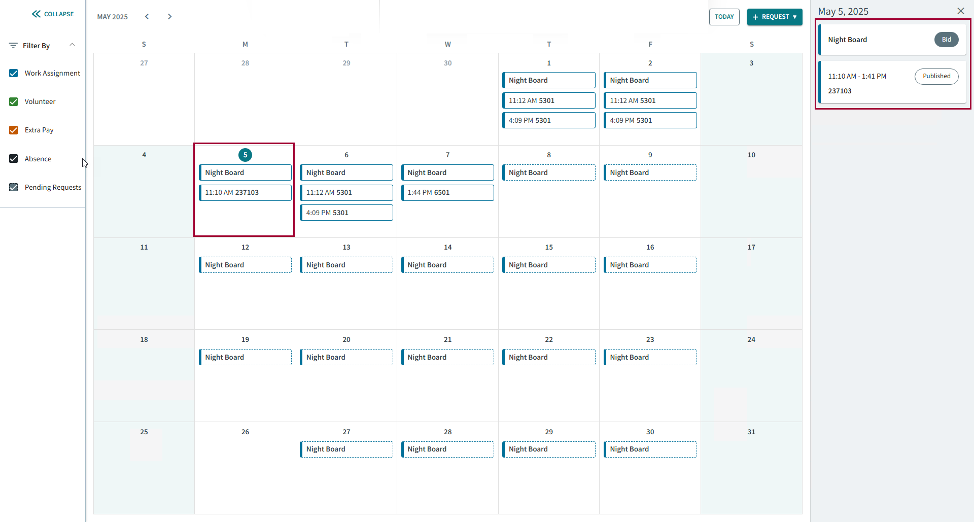 The Calendar page showing an extraboard assignment and the associated work assignments circled in red.