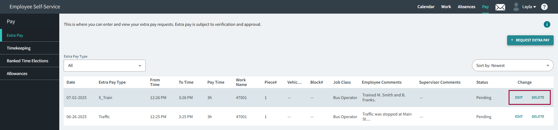 Extra Pay page with Edit and Delete circled in red.