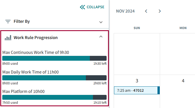 ESS Calendar page with Work Rule Progression and a rule circled in red.