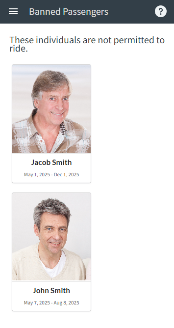 Banned Passengers page showing image of banned passengers with names and dates.