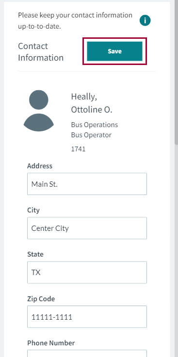 The Contact Information section showing Save to the right of the section title.