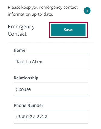 The Emergency Contact section showing Save to the right of the section title.