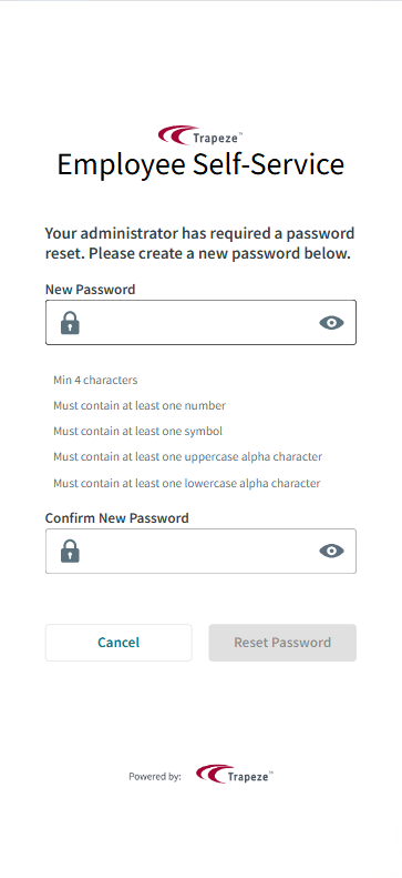 Login page showing the New Password and Confirm New Password fields and a list of requirements the password must meet.