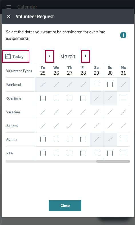 The Volunteer Request dialog with the Today and the previous and next arrows circled in red.