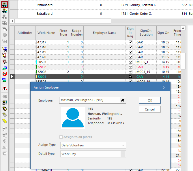 The Assign Employee button circled in red and the Assign Employee dialog showing the Employee, Assign Type, and Detail Type fields.
