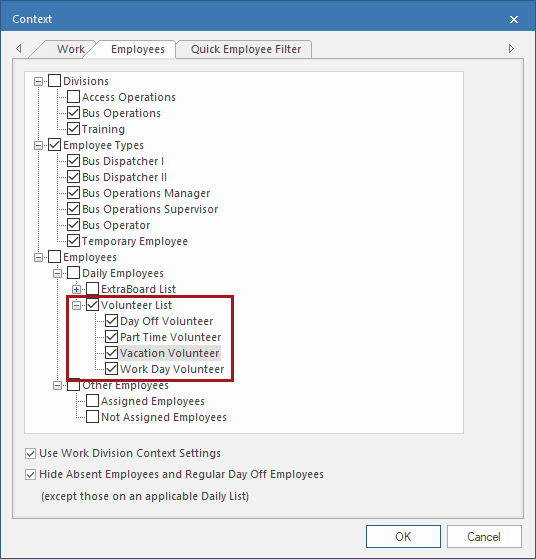 Context showing the employee tab with the Volunteer List option circled in red.