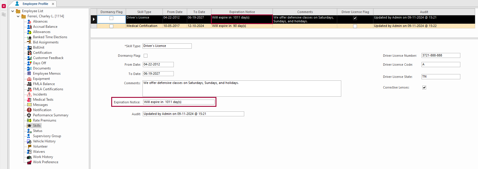 Employee Profile - Skills screen with the Expiration Notice fields circled in red.