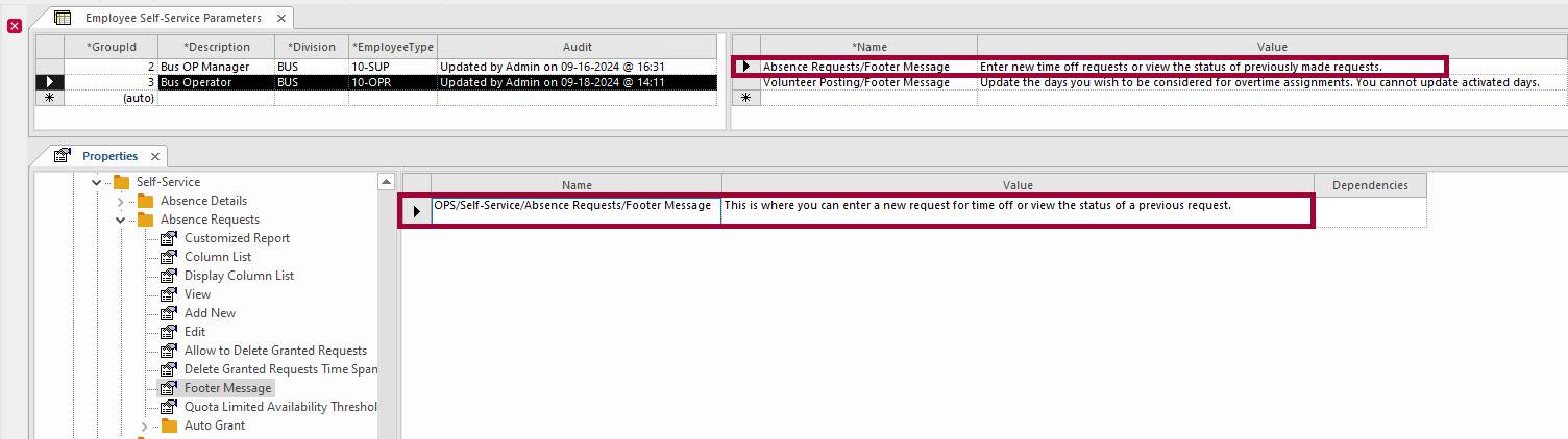 Employee Self-Service Parameters screen showing parameters and properties values.