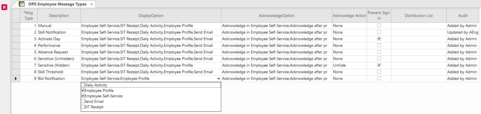 The OPS Employee Message Types screen showing the DisplayOption dropdown list options.