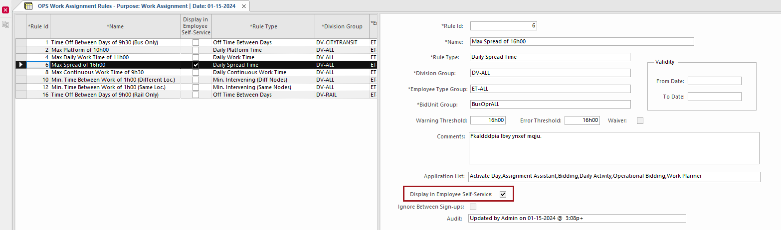 The OPS Work Assignment Rules screen with Display in Employee Self-Service circled in red.
