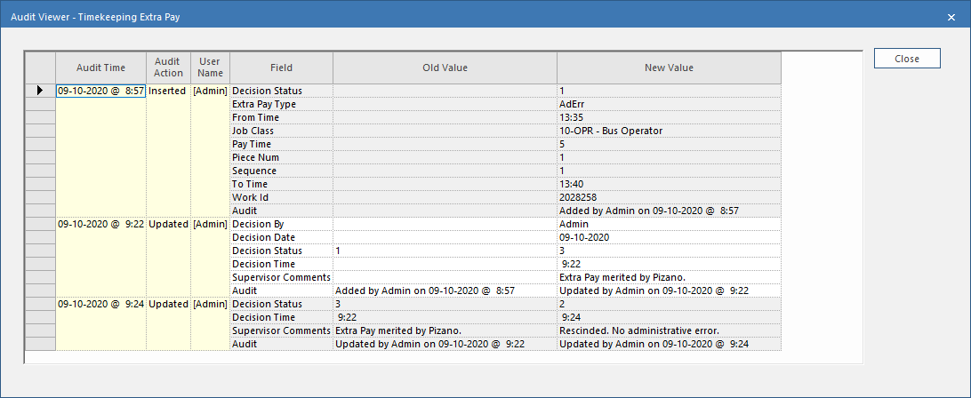 Audit Viewer showing Timekeeping Extra Pay.