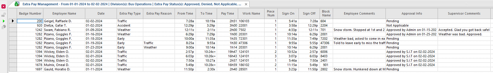 Extra Pay Management screen