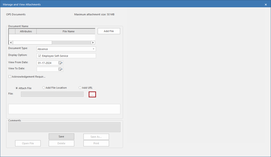 Manage and View Attachments dialog with the ellipsis button (…) circled in red.