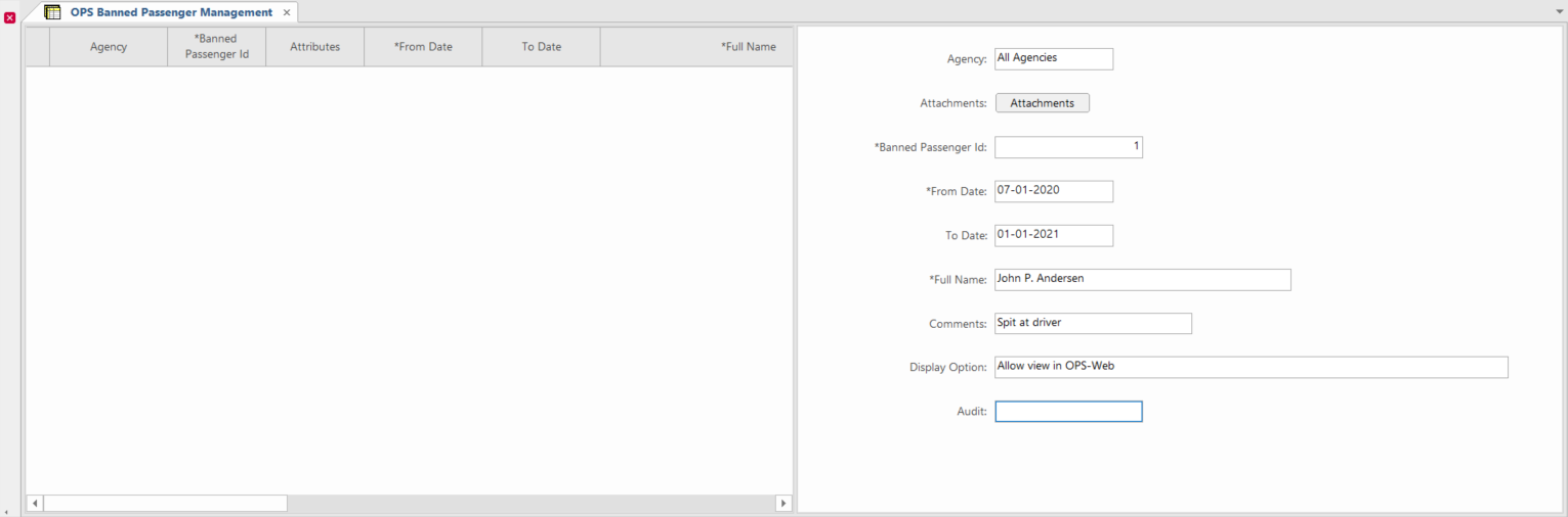 OPS Banned Passenger Management screen showing some field values.