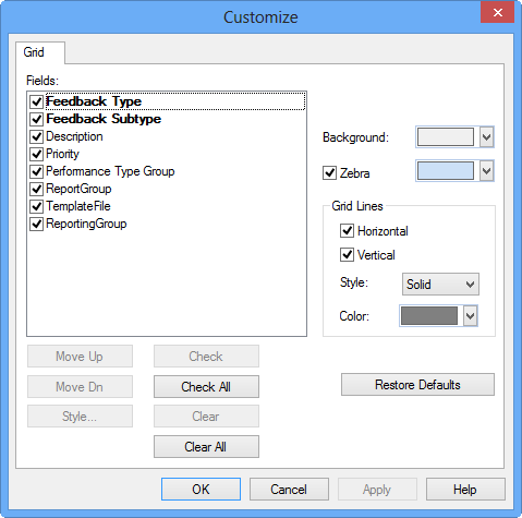 Customize dialog box