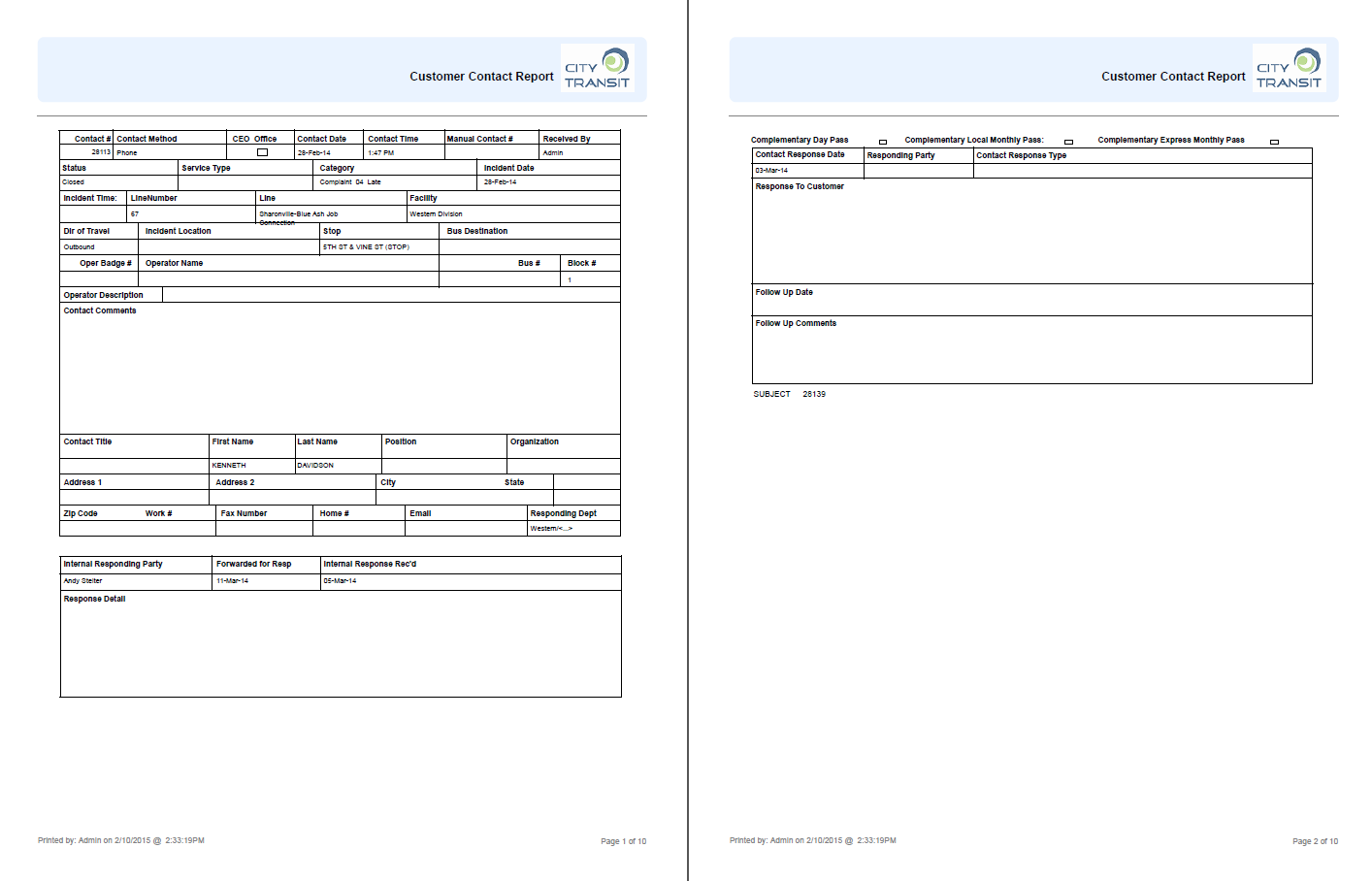 Customer Contact Report