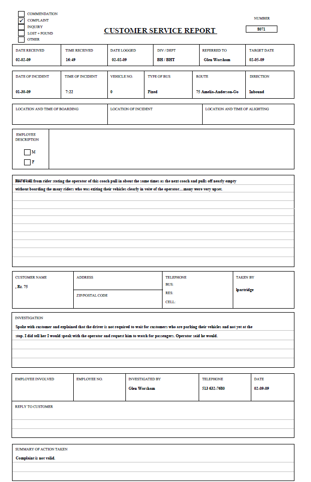 Customer Service Report