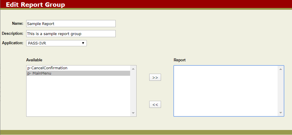Edit Report Group screen