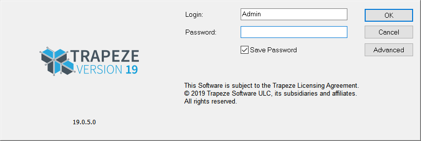 Trapeze v19 Login dialog box