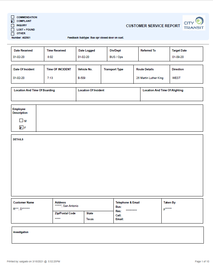 Customer Service Report