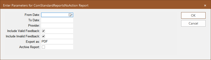 No Action Parameters dialog box