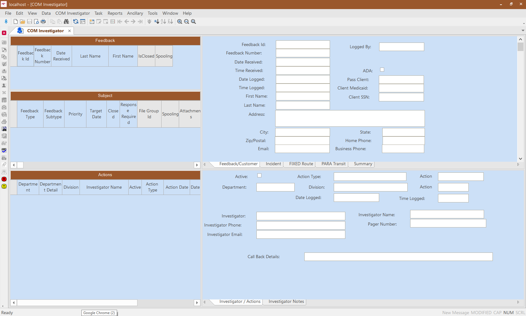 COM Investigator screen