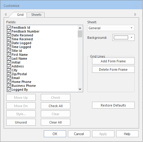 Customize dialog box with the Grid tab open