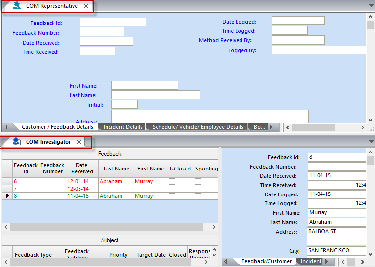 Screens of the horizontal tab group
