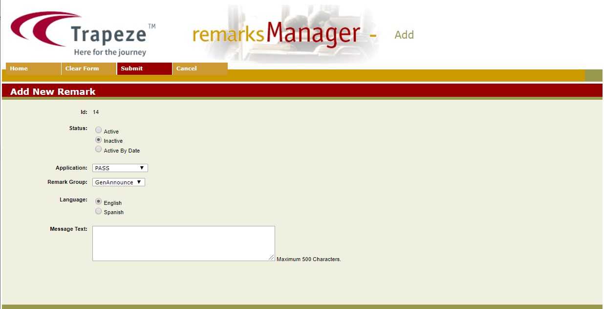 Add New Remark screen
