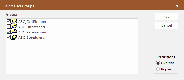 The Select User Groups dialog box showing groups for different roles at ABC.