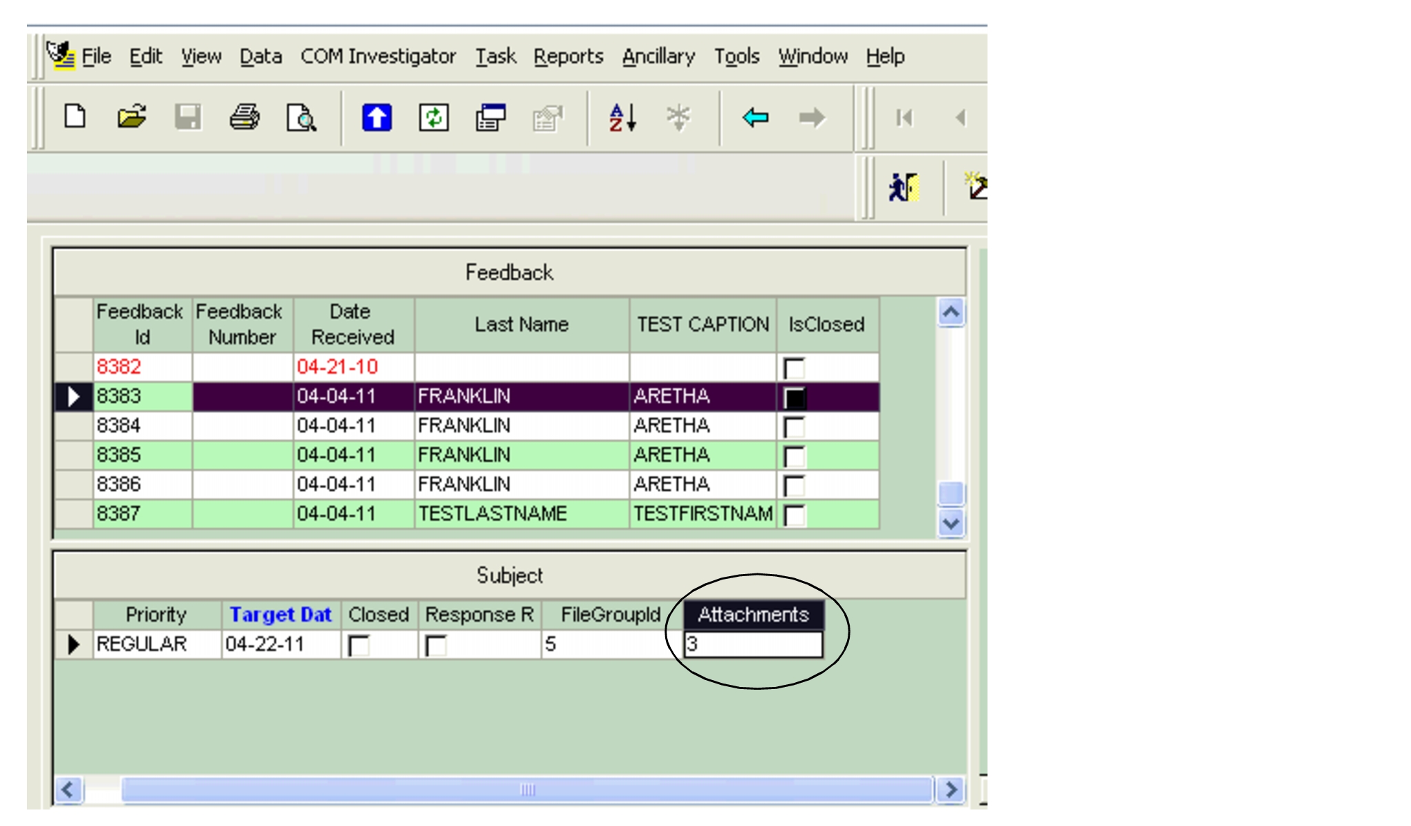 COM Investigator screen with the number of attachments displayed in the Attachments column