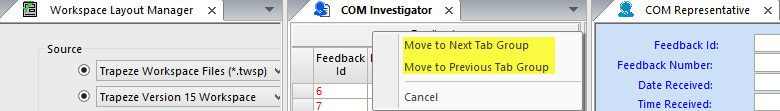Workspace Layout Manager, COM Investigator, and COM Representative tabs