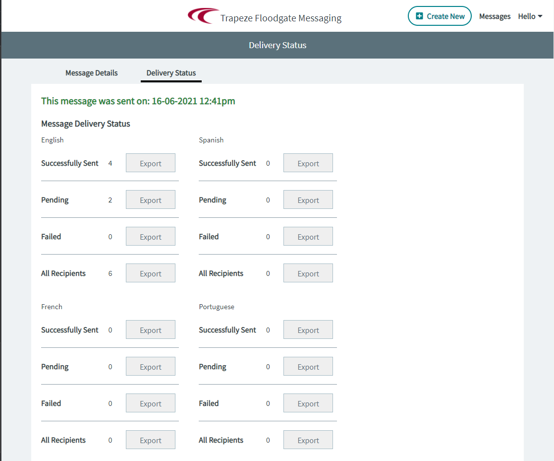 Sample delivery status of selected message