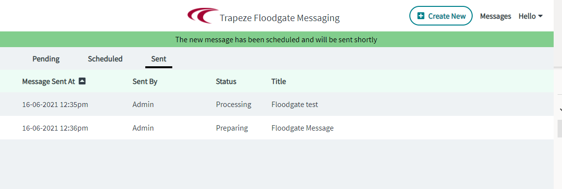 Sent tab with sample messages