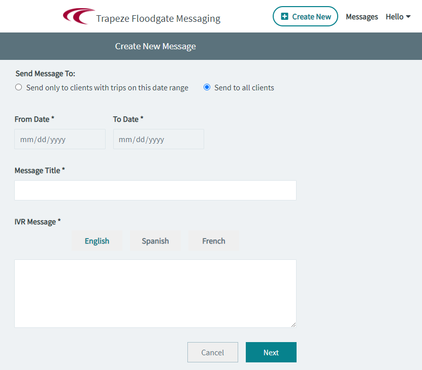 Create New Message screen