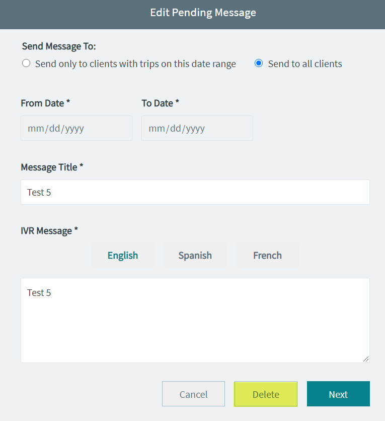 Delete option in Edit Pending Message screen