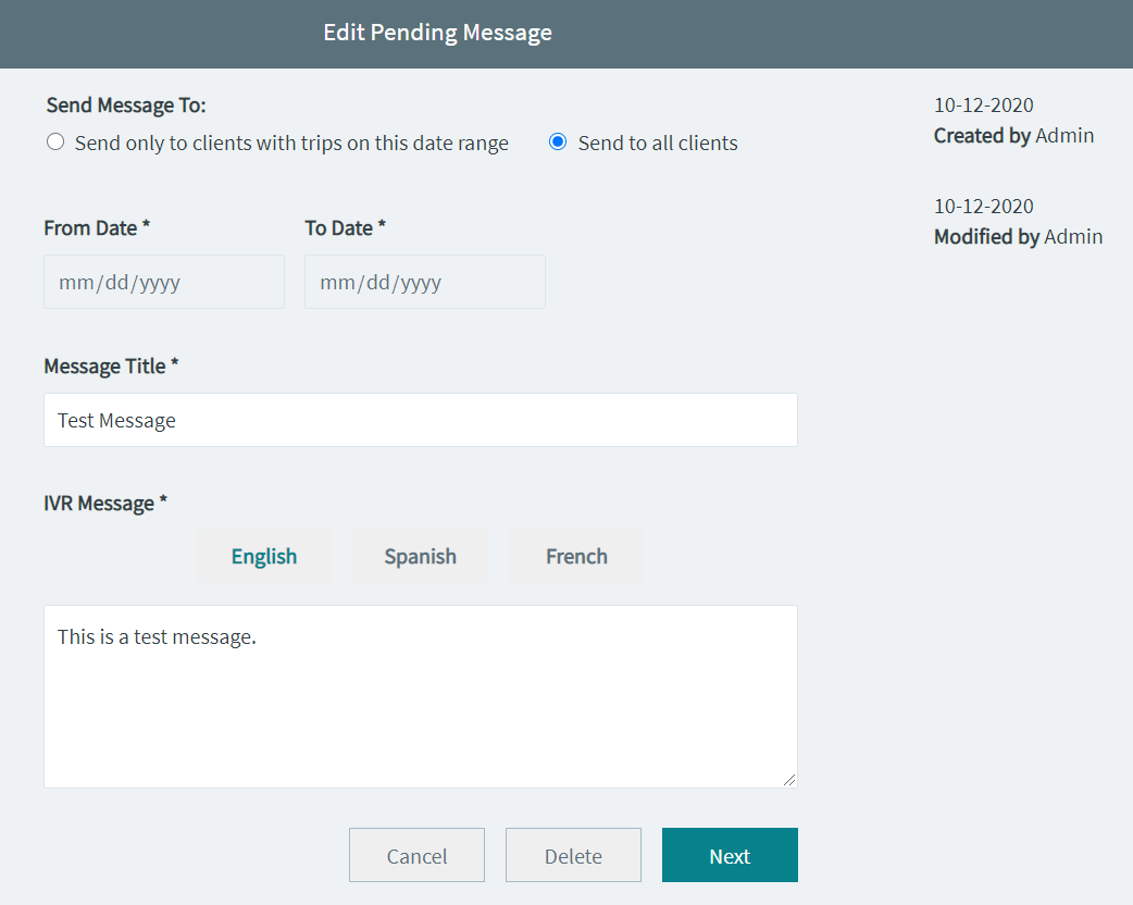 Sample Edit Message screen