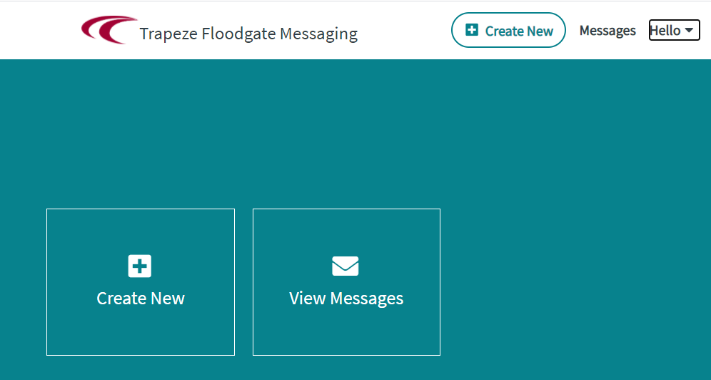 Floodgate main screen showing the Create New and View Messages buttons