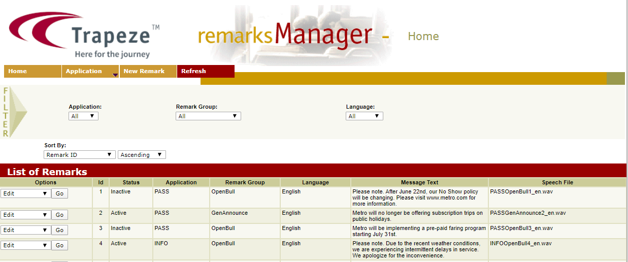 Remarks Manager screen