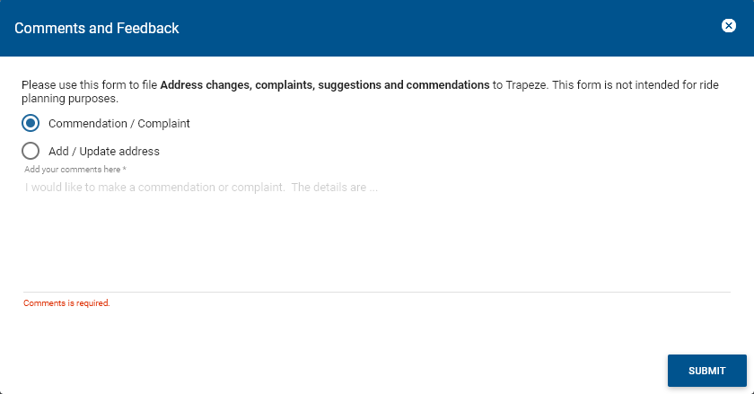 Comments and Feedback window