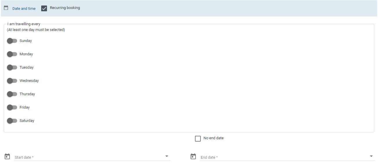 Day options and date range fields shown with selected Recurring Booking option