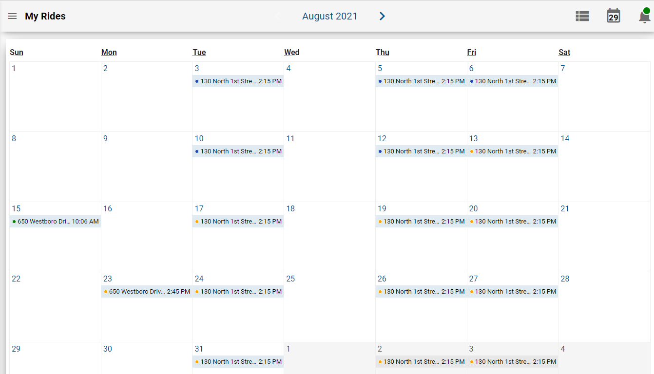 Sample trips in calendar view
