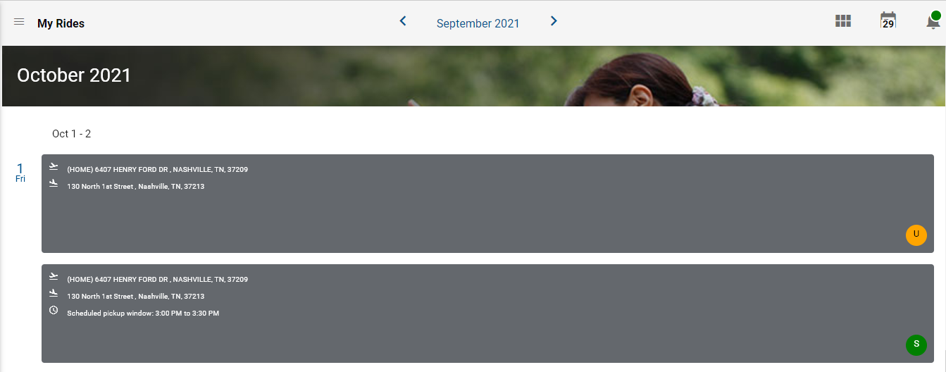 Sample list view showing trips for a week