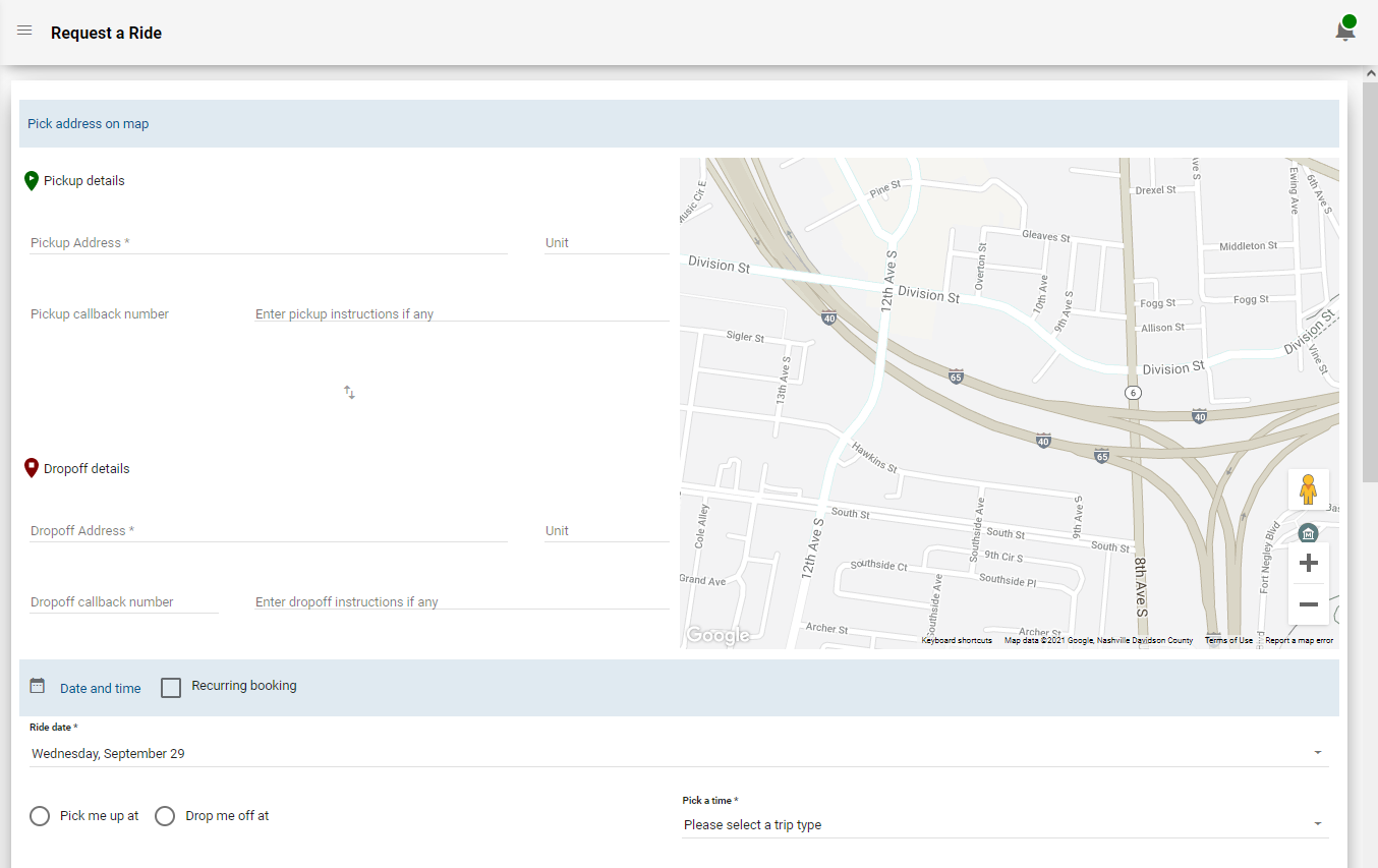 Sample Request a Ride screen with map