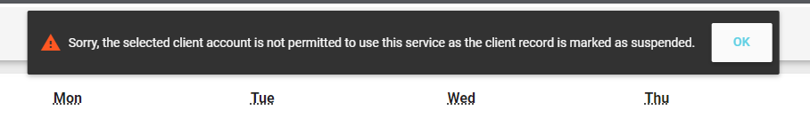 Toast message for a suspended client account