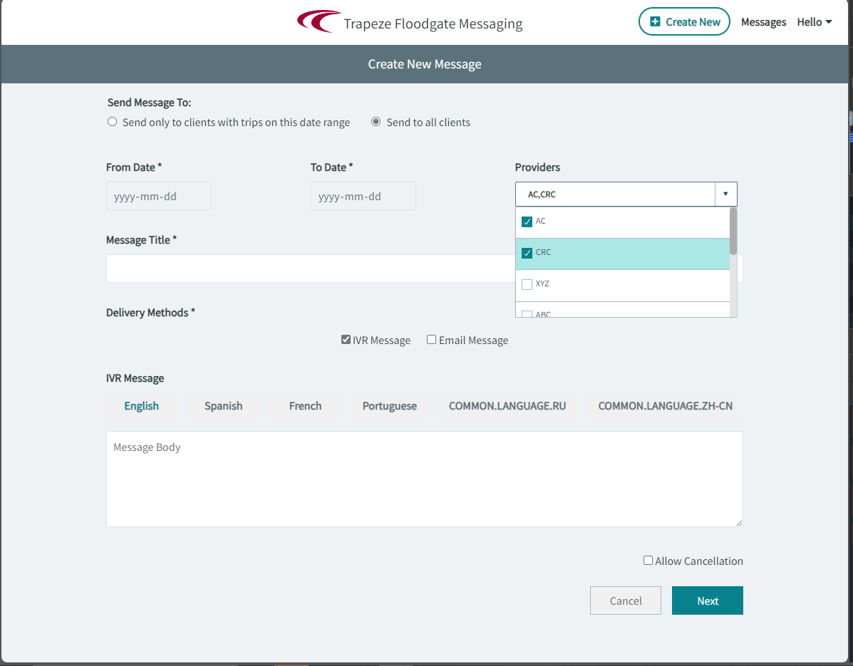 Floodgate Messaging screen showing Providers dropdown menu and Allow Cancellation checkbox.