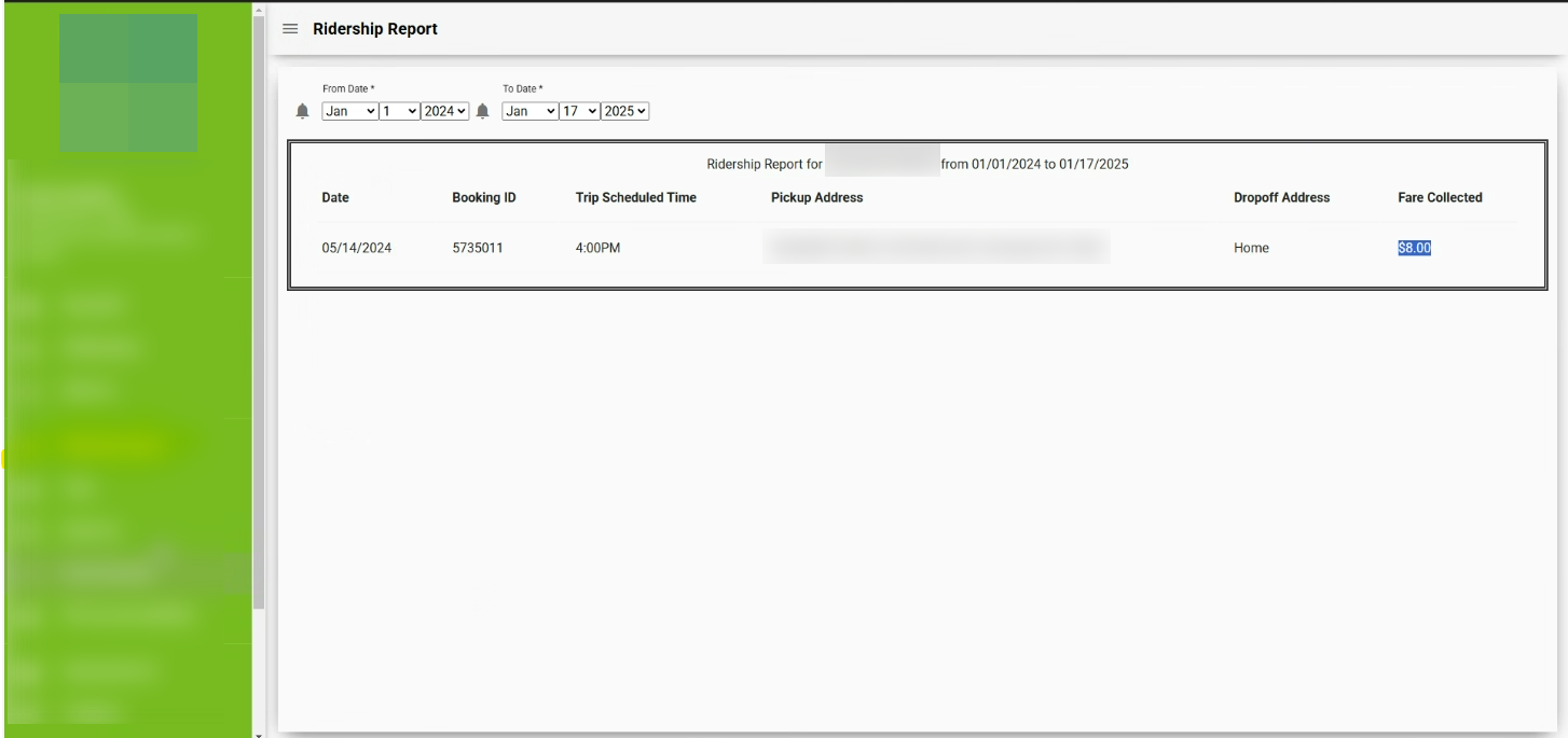 The Ridership Report showing trip history